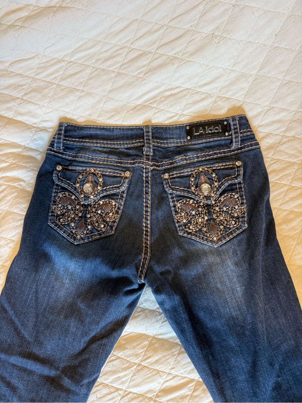 LA Idol USA Size 7 Dark Wash Embellished Flare Jeans Rhinestone Y2K Western